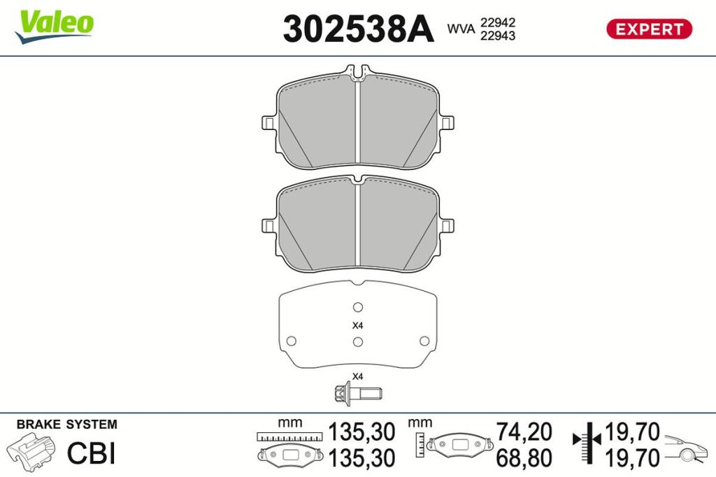 Jogo de 4 pastilhas de travão VALEO 302538A